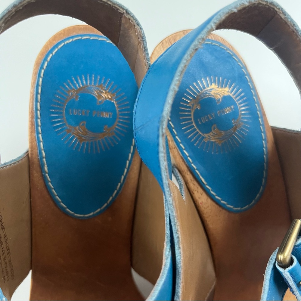 Anthropologie Women's Lucky Penny Leather Wooden Clogs Blue Brown Sz 7 Brazil - Picture 6 of 10